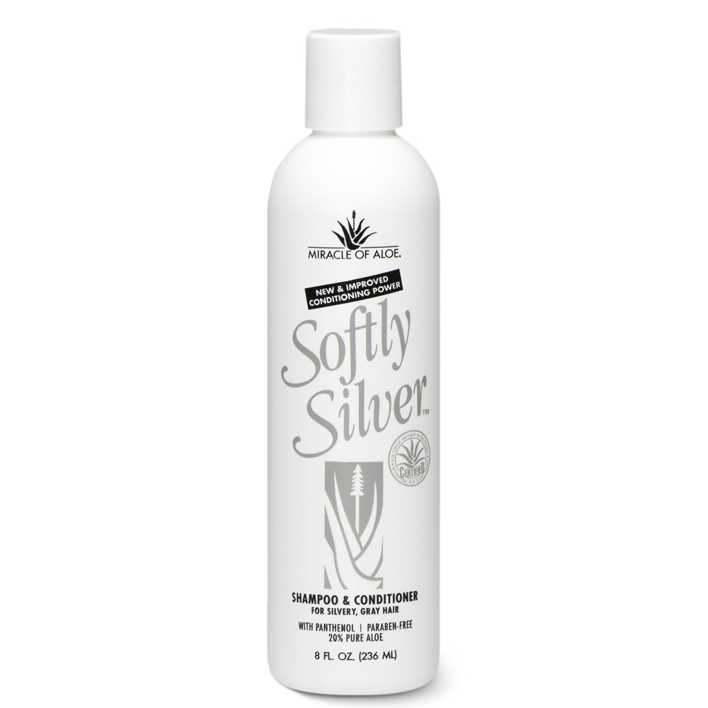 Mature gray hair with enhanced luster after using Miracle of Aloe Softly Silver.