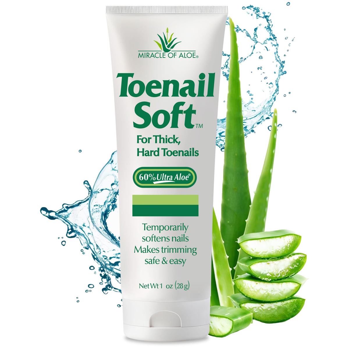 Miracle of Aloe toenail softener bottle pour supports easy application and fast softening.