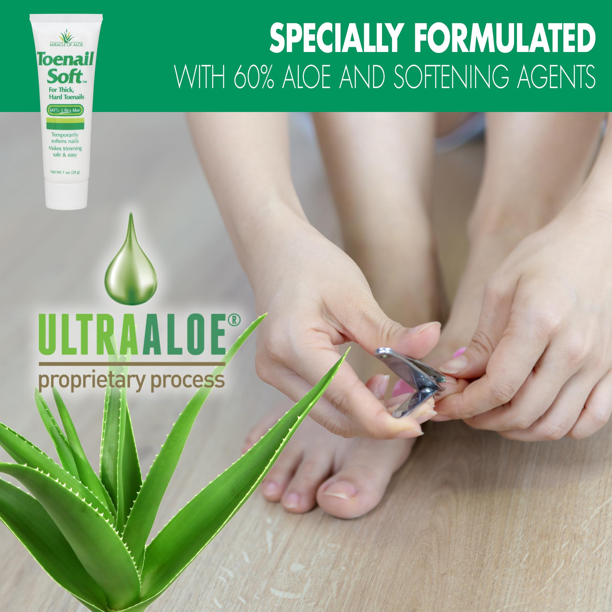 Miracle of Aloe thick toenails closeup highlights soothing, non-greasy feel.