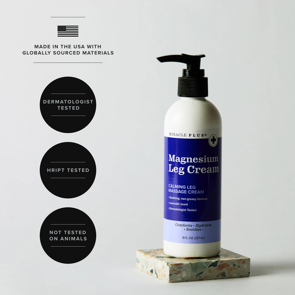 Miracle Plus Magnesium Cream being applied via massage on legs after activity.
