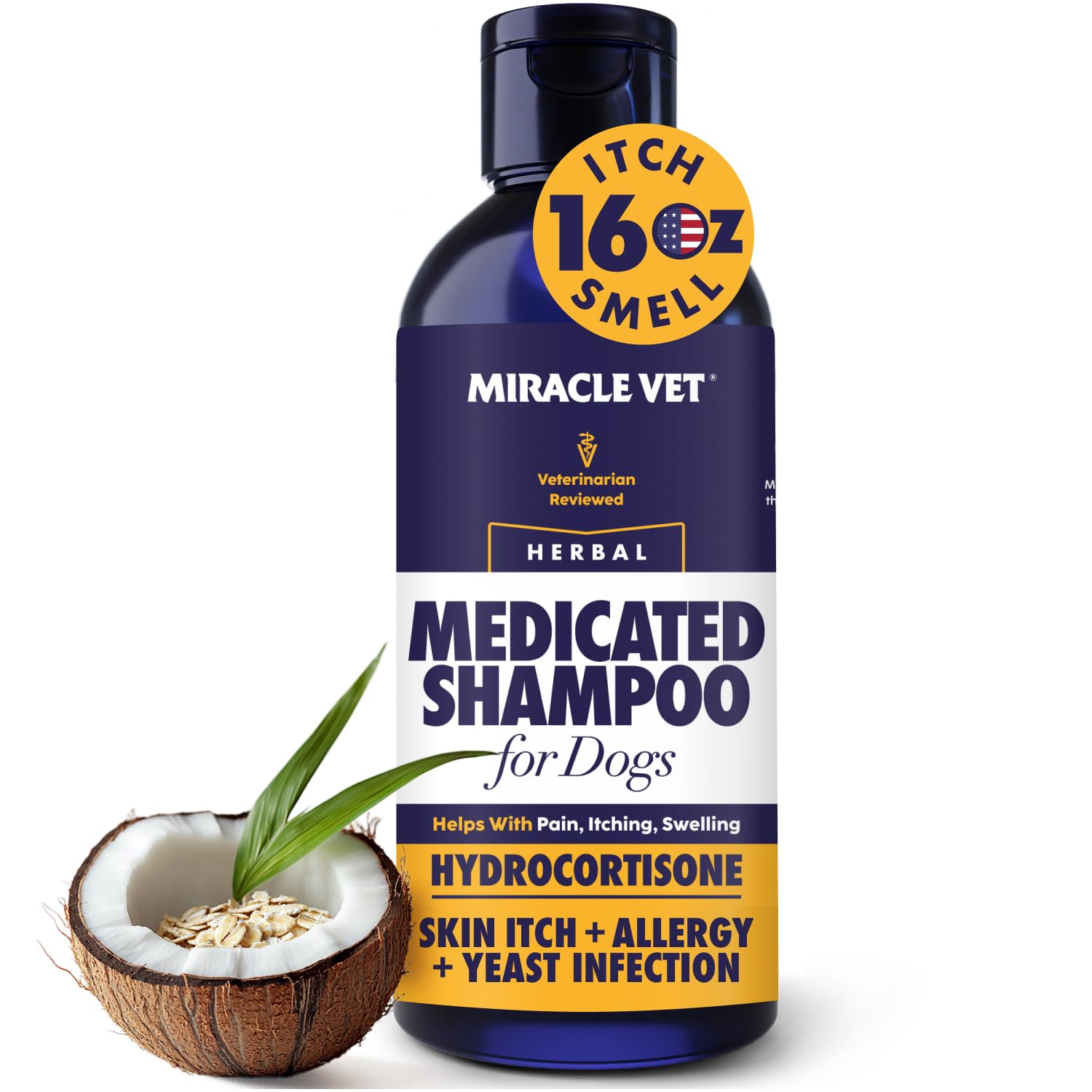 Miracle Vet medicated shampoo bottle pouring for quick relief and clean coat