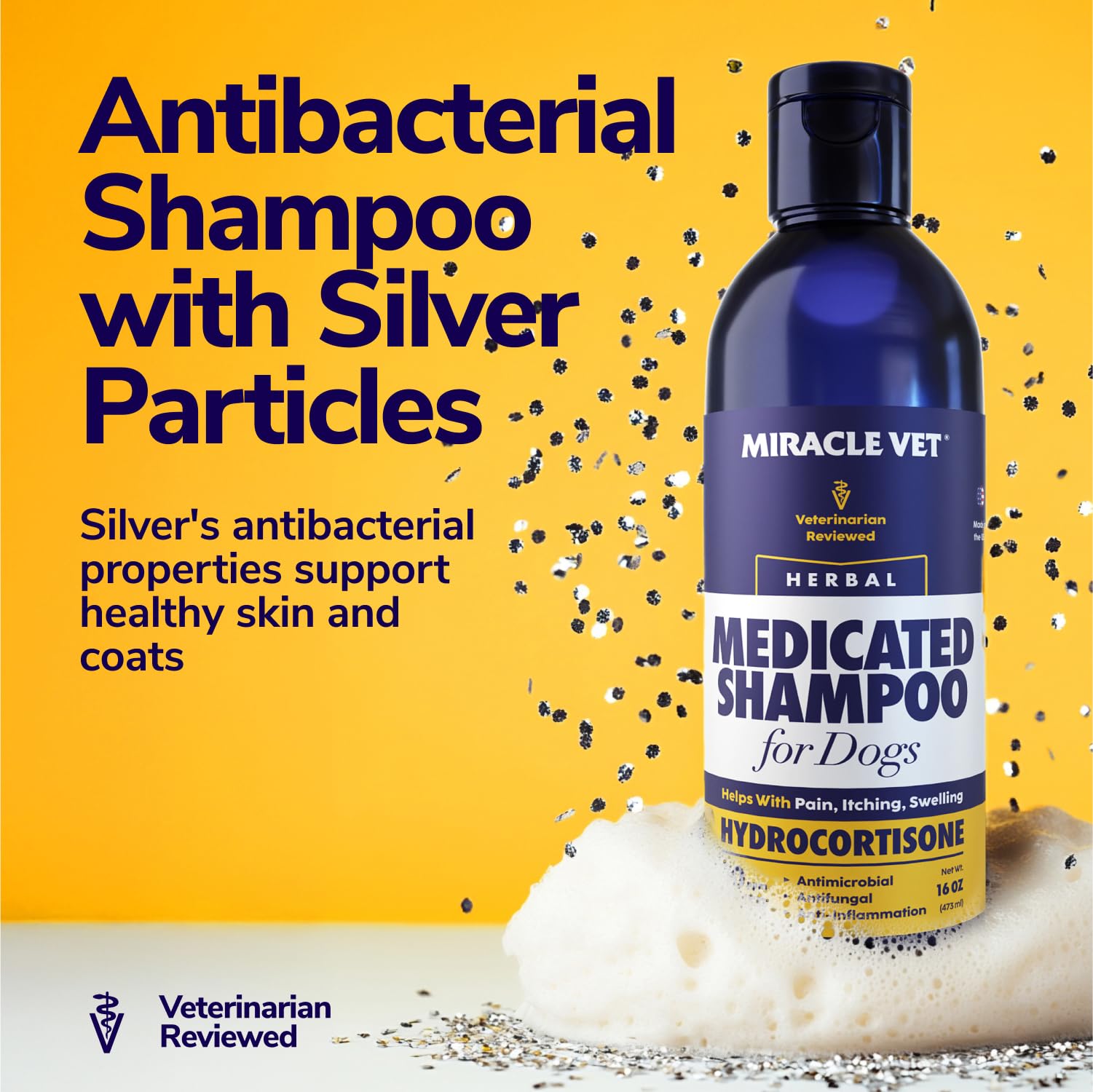 Miracle Vet shampoo foamy wash on a dog's coat for comfort