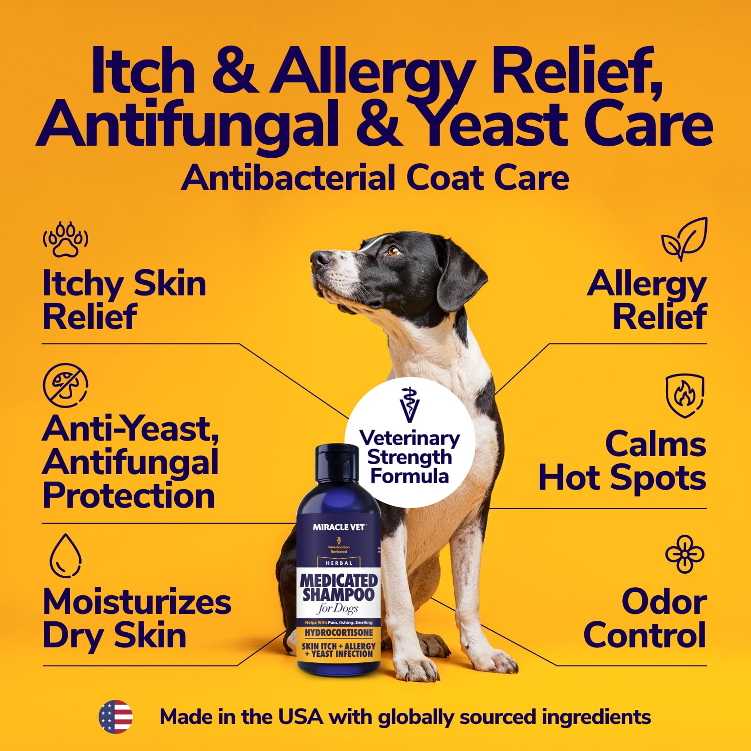 Miracle Vet medicated shampoo rich lather on a dog's fur for soothing relief