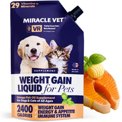 Miracle Vet weight gainer bottle front shows high-calorie supplement for dogs and cats, supporting energy