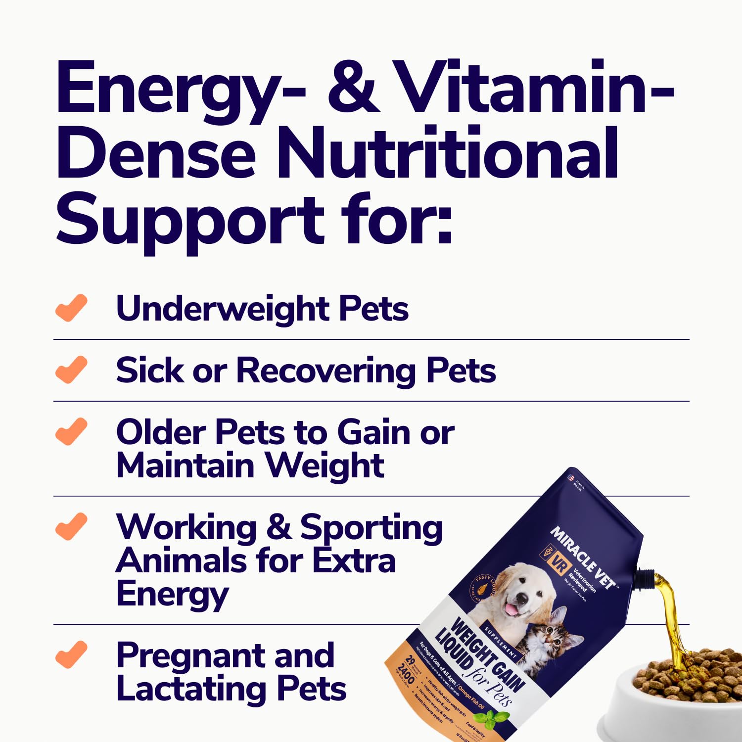 Miracle Vet weight gainer gel texture close-up emphasizes convenient, palatable daily supplement