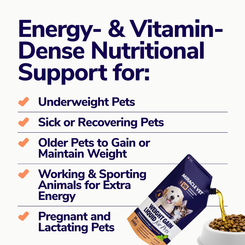 Miracle Vet weight gainer gel texture close-up emphasizes convenient, palatable daily supplement