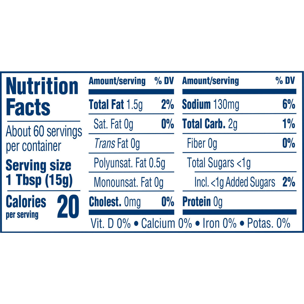 Miracle Whip Light dressing jar back label emphasizes 20 calories per serving.