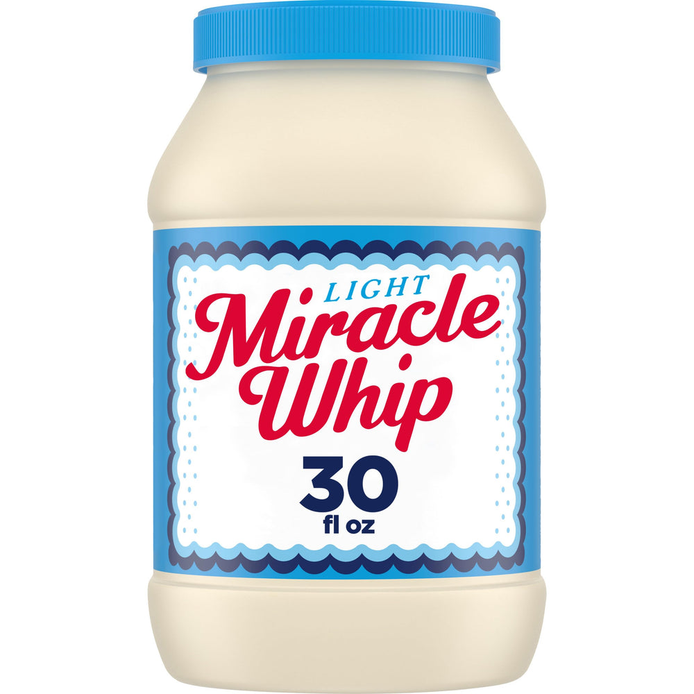 Miracle Whip Light dressing jar front view shows creamy, tangy flavor for everyday meals.