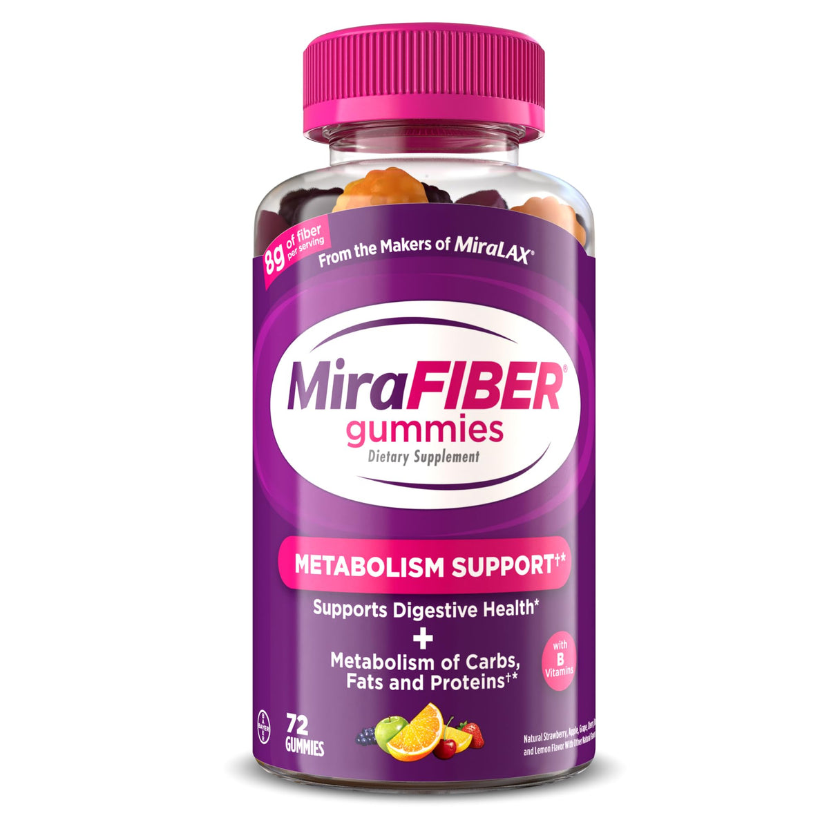 MiraFIBER Gummies bottle front shows mixed fruit flavors and gut health support