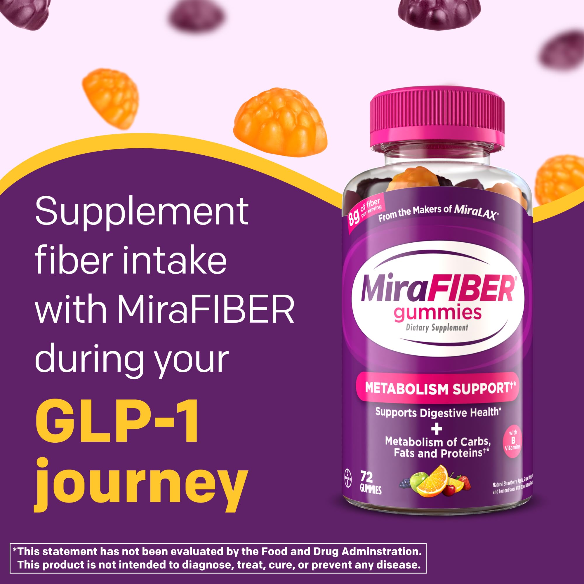 MiraFIBER Gummies bottle side view highlights serving size and fiber