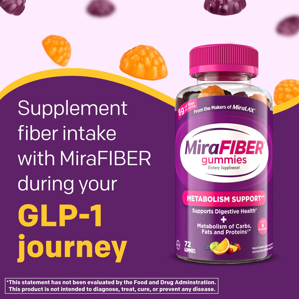 MiraFIBER Gummies bottle side view highlights serving size and fiber