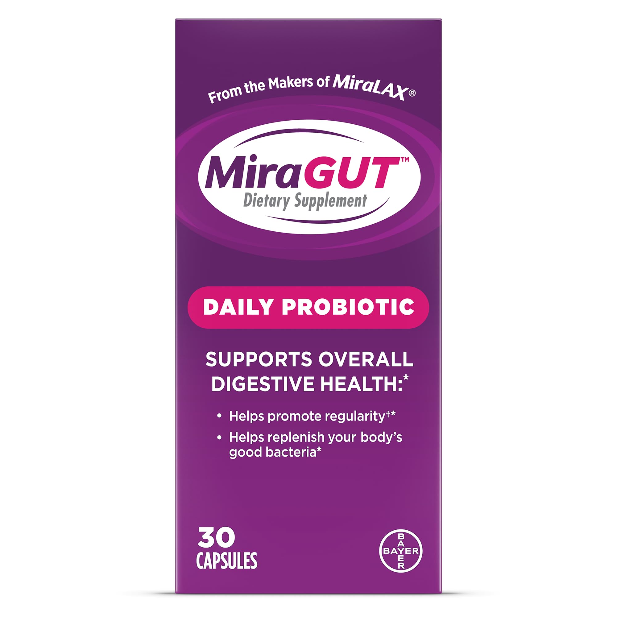 MiraGUT daily probiotic bottle shows a simple daily routine for digestive balance
