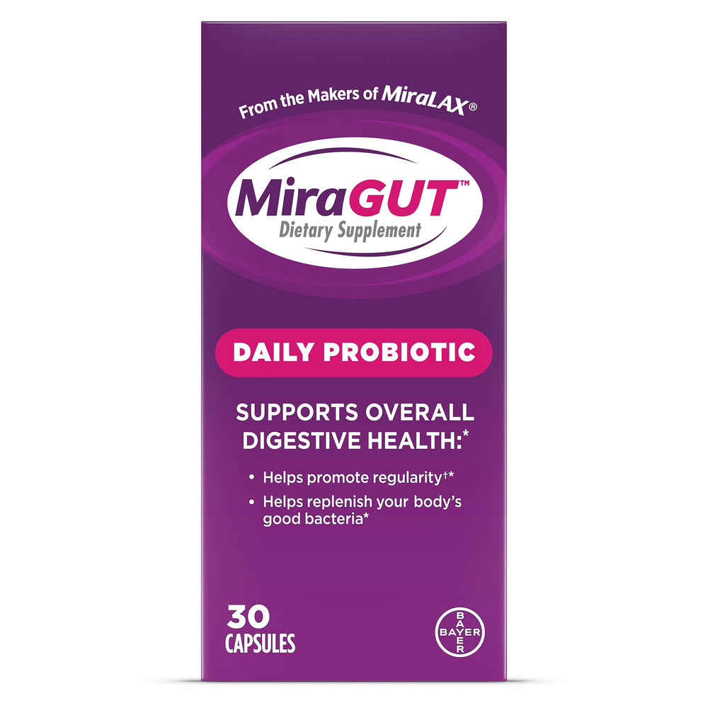 MiraGUT daily probiotic bottle shows a simple daily routine for digestive balance