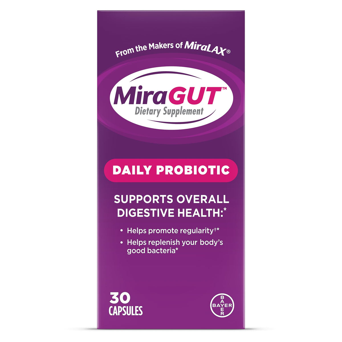 MiraGUT daily probiotic bottle shows a simple daily routine for digestive balance