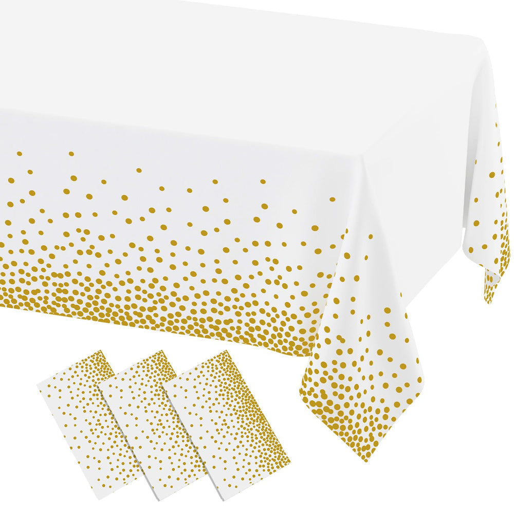 Misaya 3-pack dot tablecloth on white background with gold dots, protects surfaces during casual dinners.