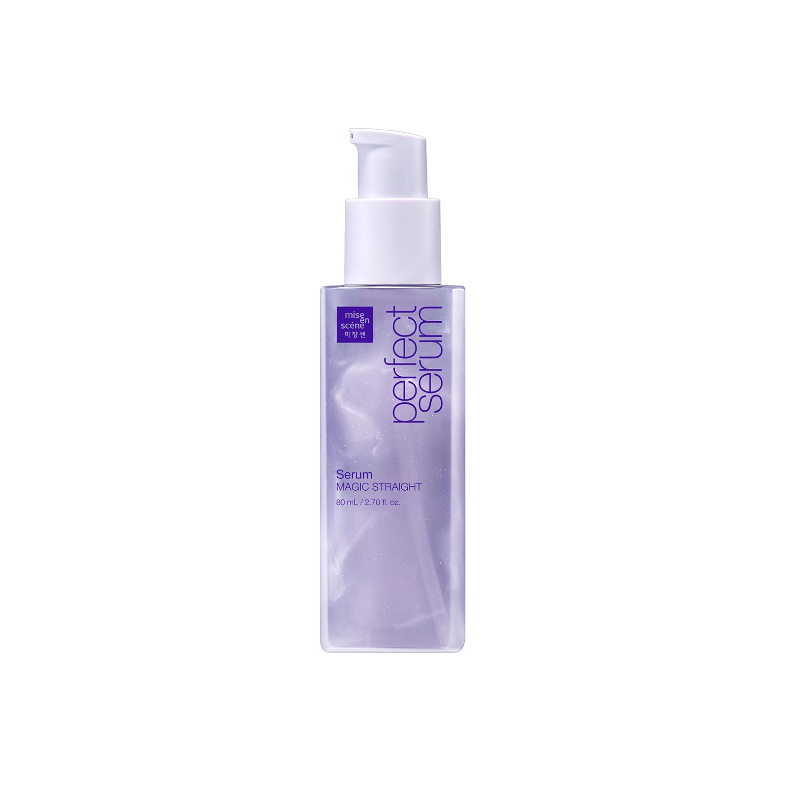 Mise En Scene Perfect Serum Magic Straight bottle pour promotes even distribution for sleek styling.