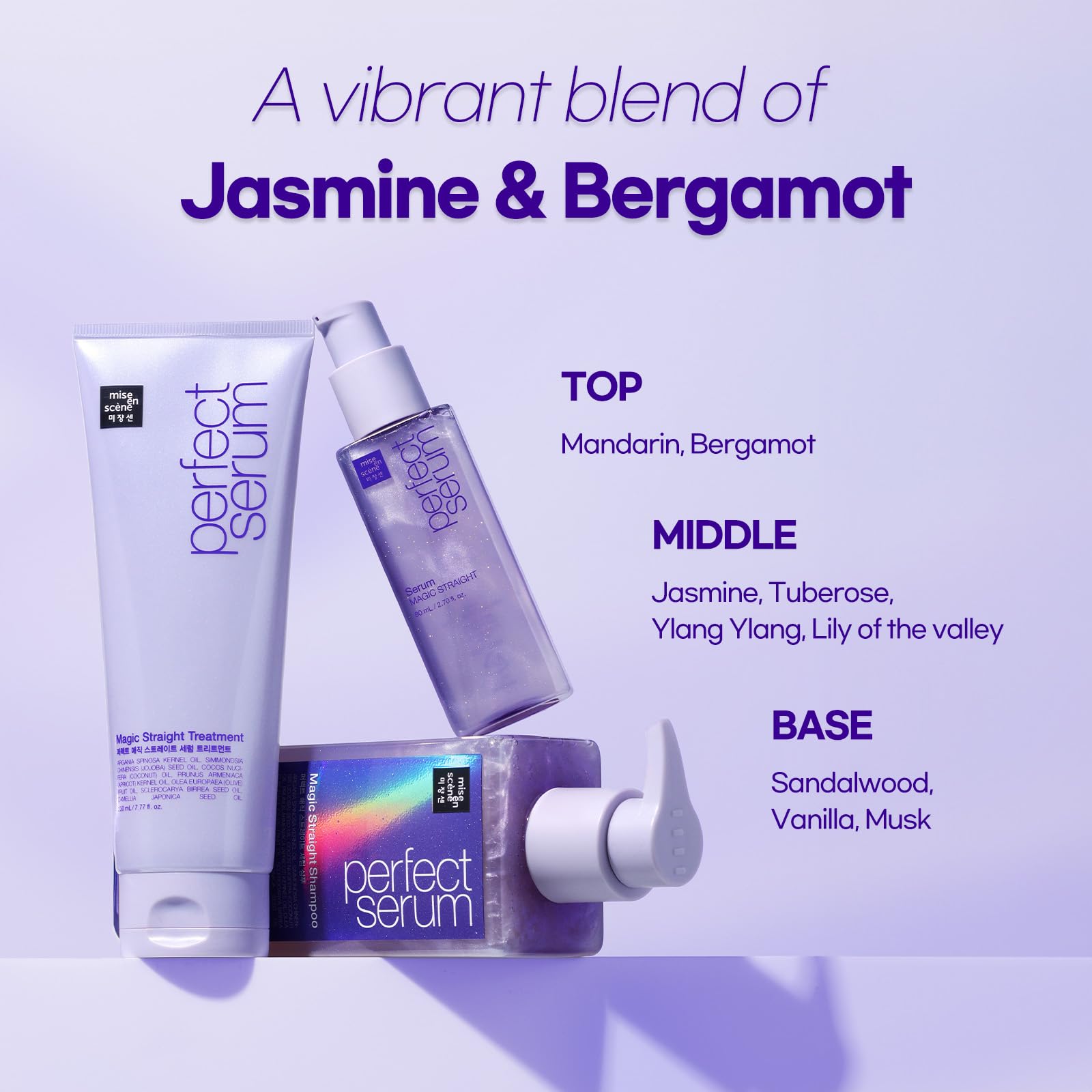 Mise En Scene Perfect Serum Magic Straight anti-frizz action for humidity resistance.