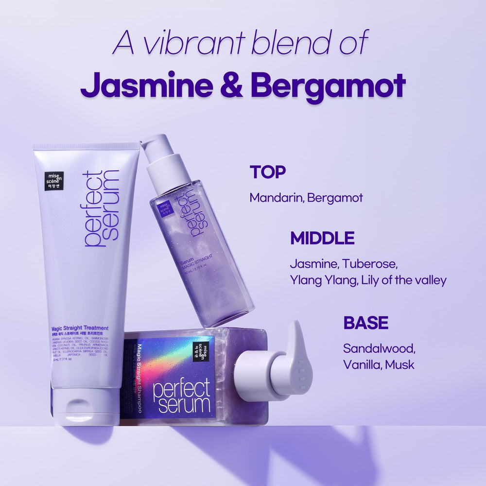 Mise En Scene Perfect Serum Magic Straight anti-frizz action for humidity resistance.
