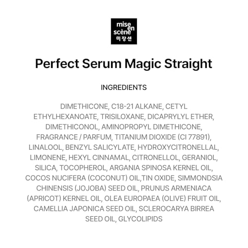 Mise En Scene Perfect Serum Magic Straight bergamot-scented bottle label for a fresh aroma.