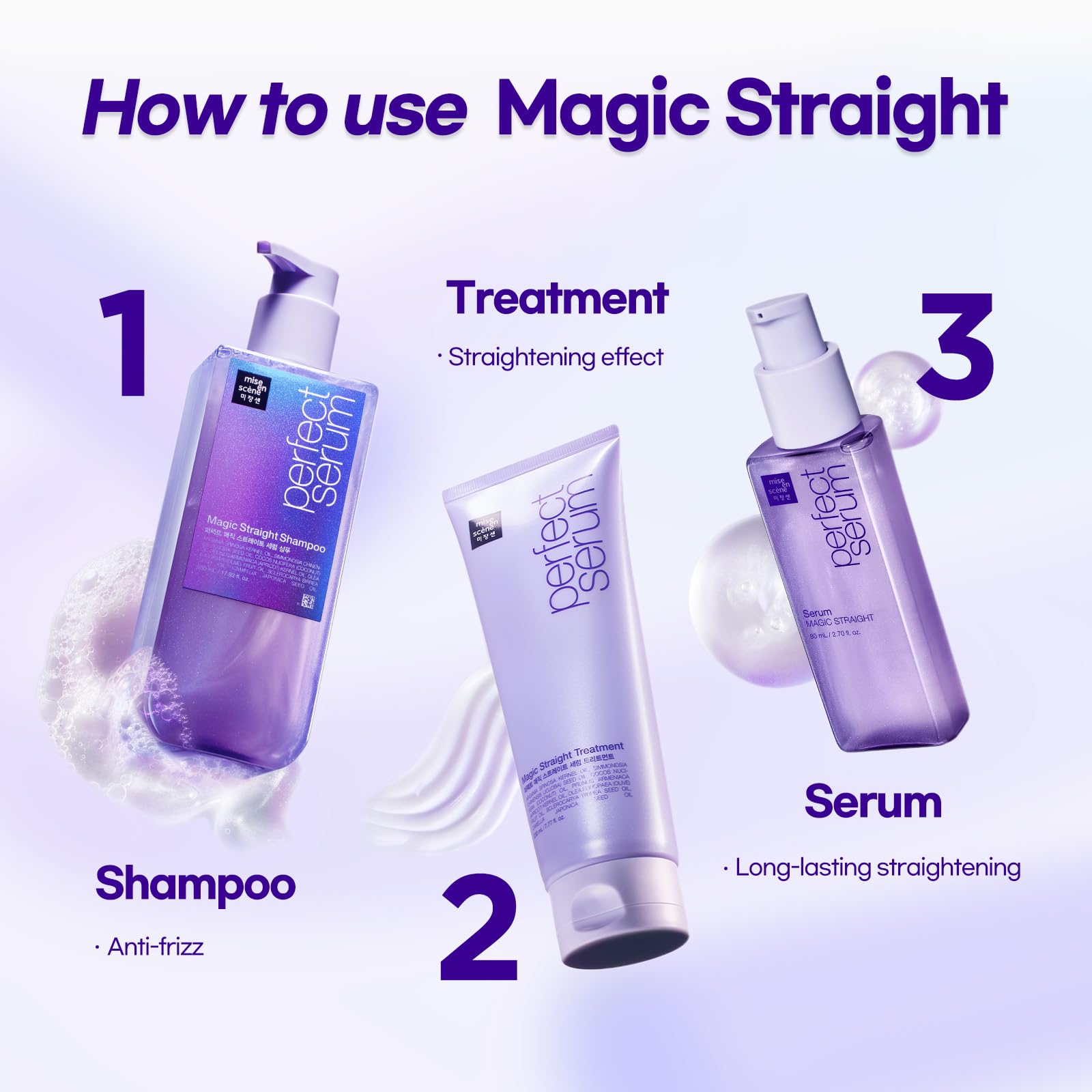Mise En Scene Perfect Serum Magic Straight lightweight texture absorbs quickly without weighing hair.