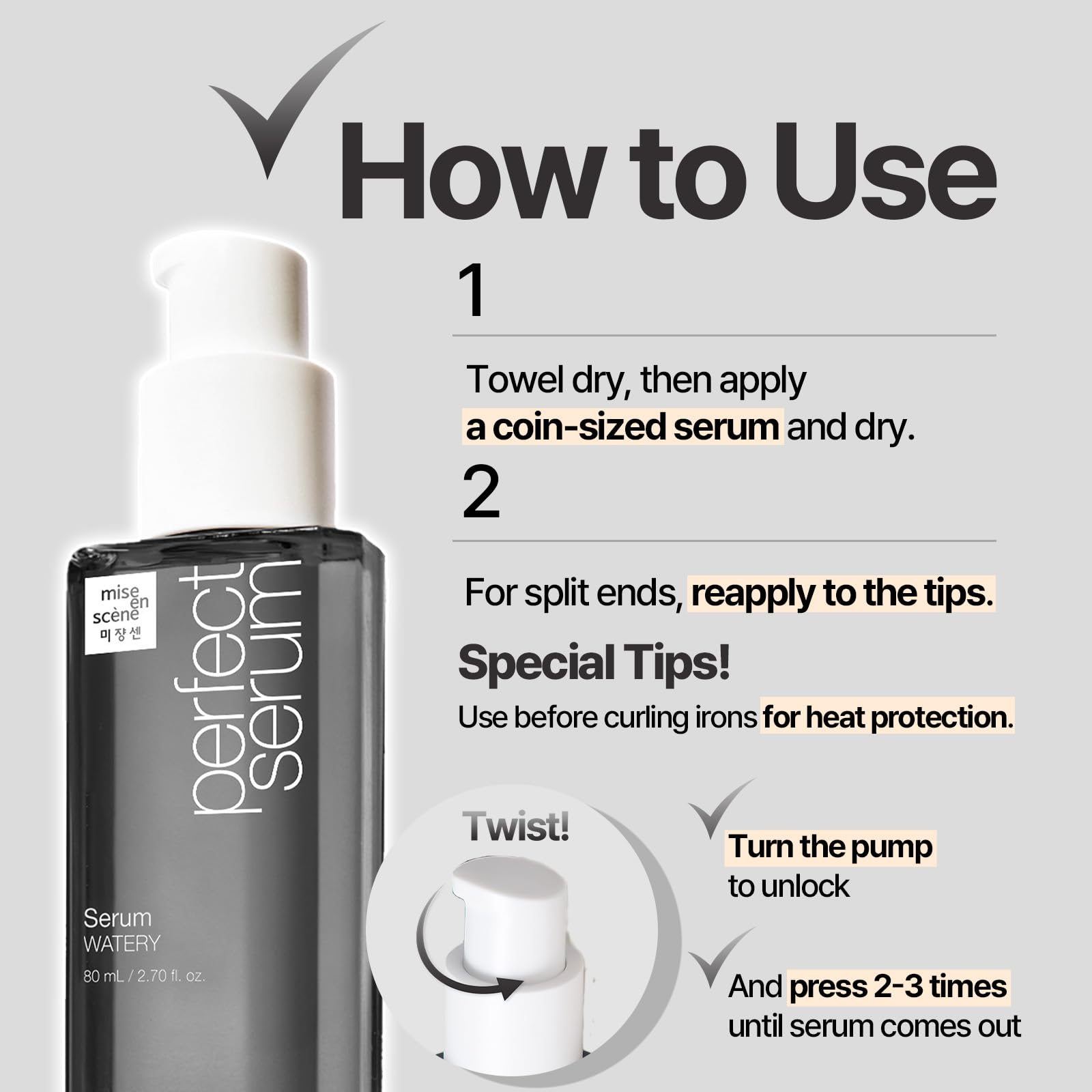 Mise En Scene Perfect Serum Watery argan oil blend nourishes and smooths hair