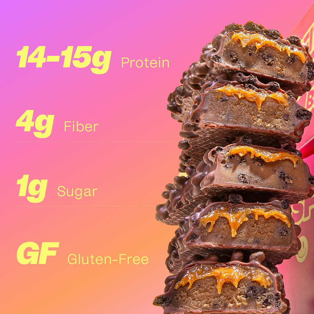 Misfits Protein Bar chocolate coating close-up highlighting rich flavor and indulgence.