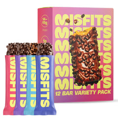 Misfits Protein Bar Variety Pack in foil packaging for on-the-go protein.