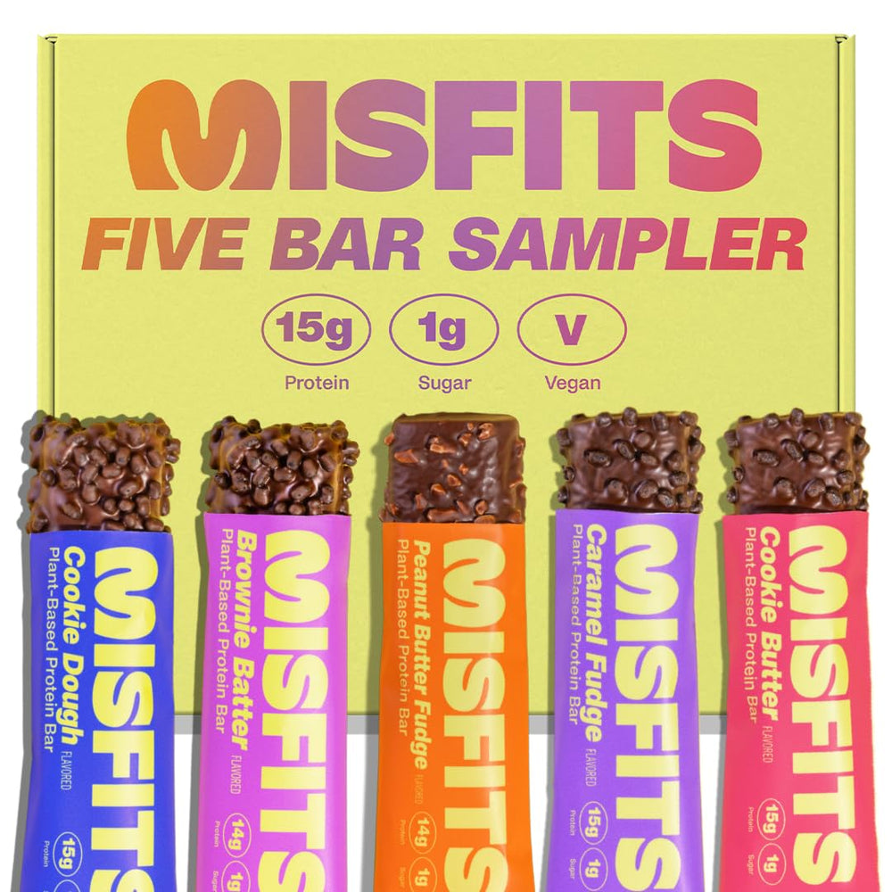 Misfits protein bar variety pack front view showing multiple flavors for on-the-go energy