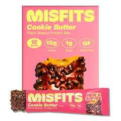 Misfits Speculoos Cookie Butter bar packaging highlights a protein-packed vegan snack.