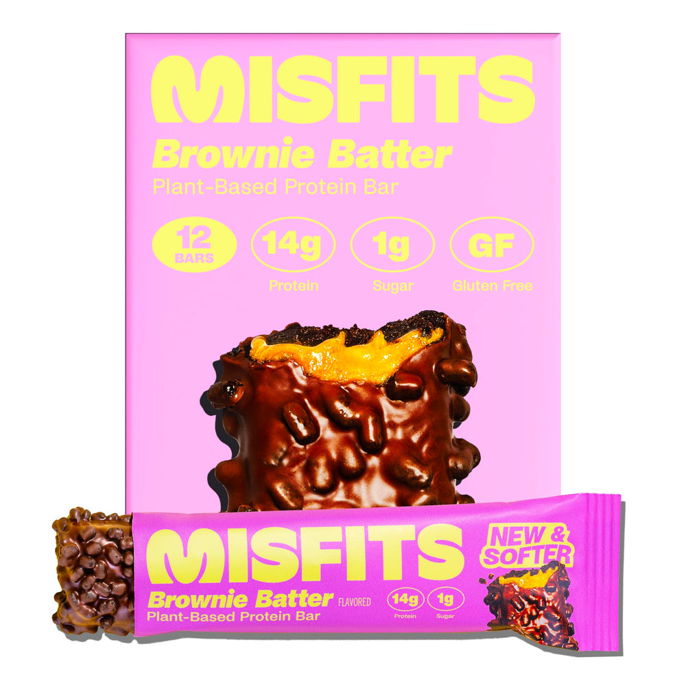 Misfits vegan protein bar with fudgey brownie center for post-workout satisfaction