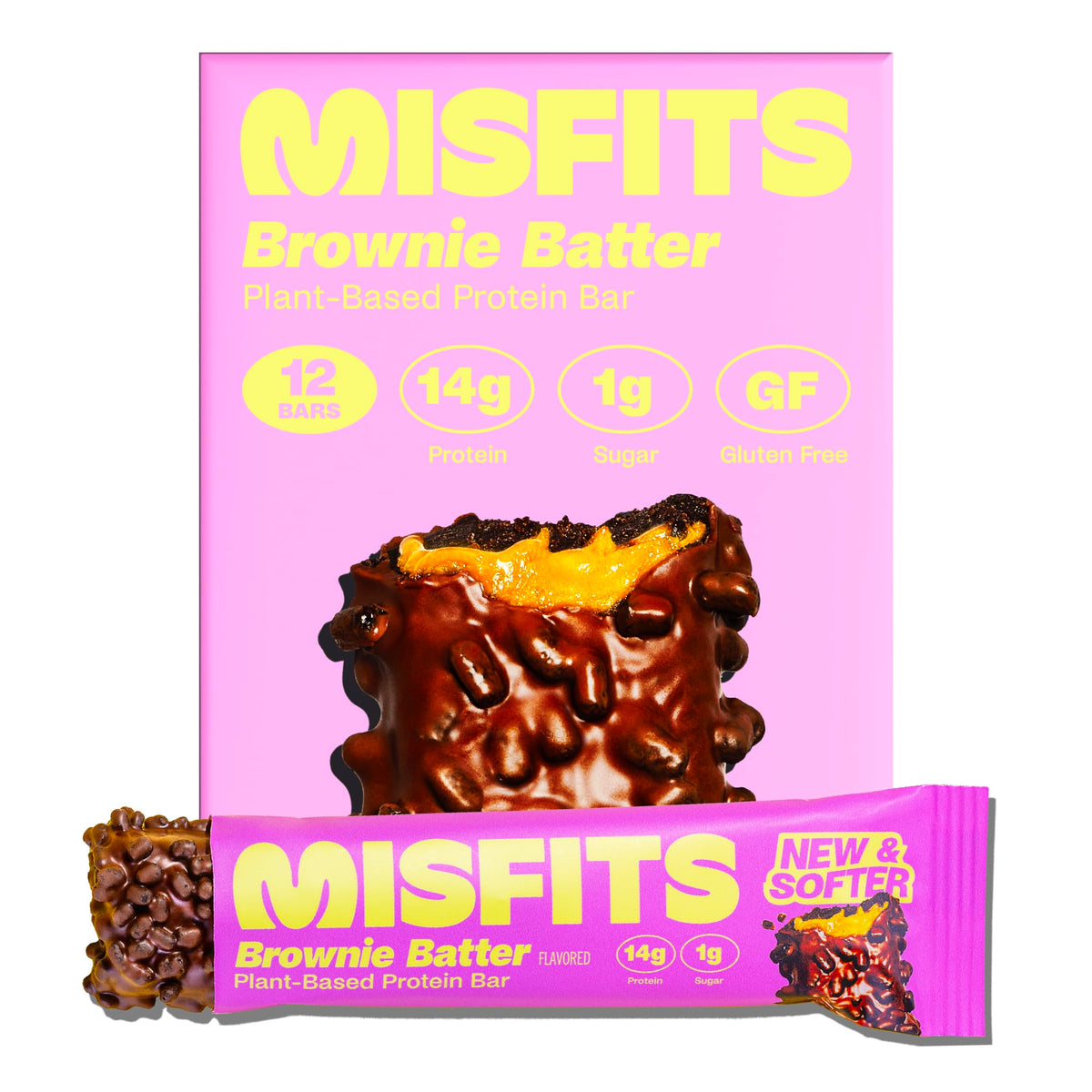 Misfits vegan protein bar with fudgey brownie center for post-workout satisfaction