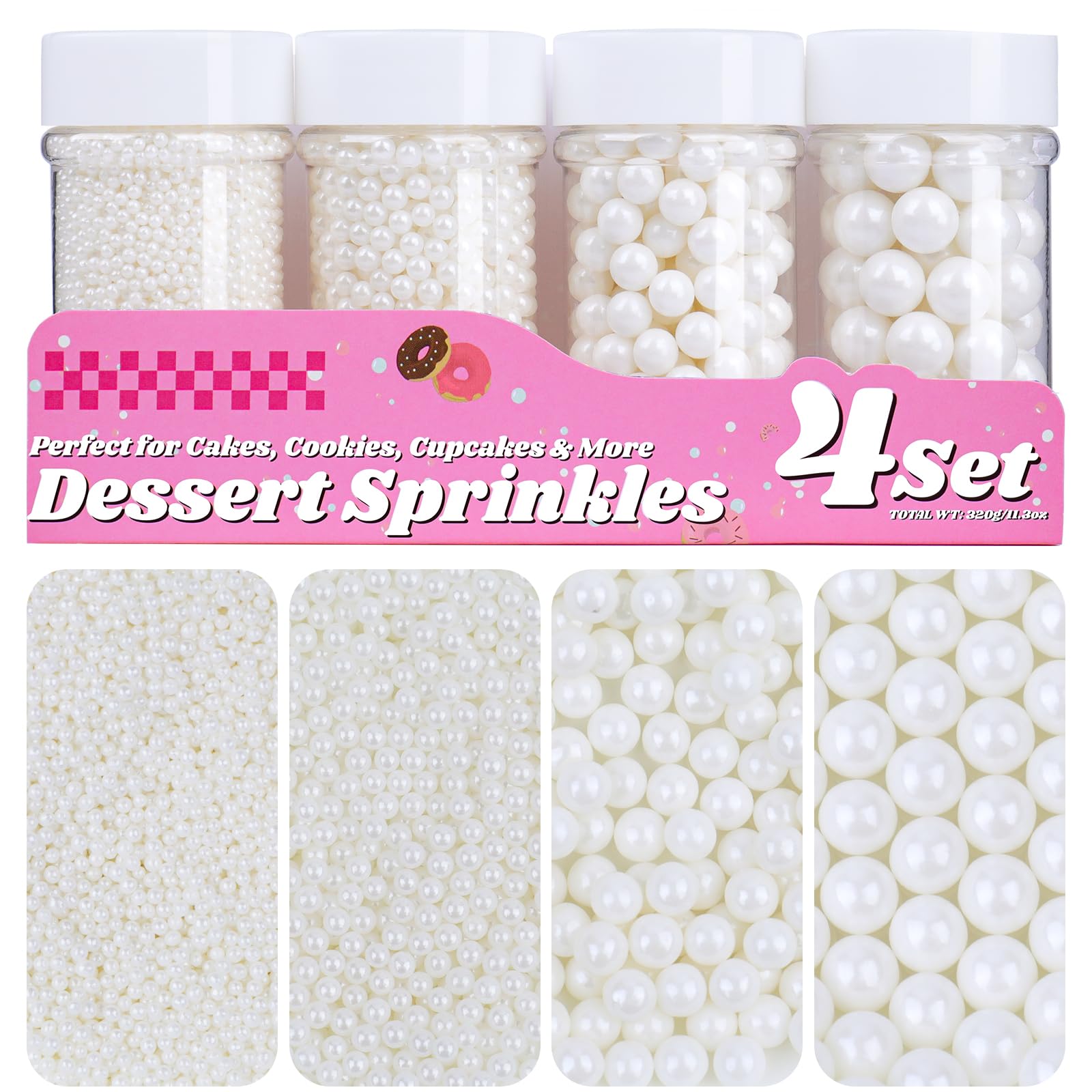 Miss Doozy White Pearl Sprinkles 2mm jar adds delicate elegance to cakes and cupcakes