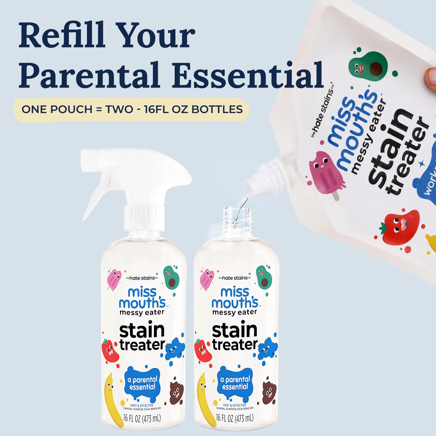 Miss Mouth's Messy Eater Stain Treater removes fruit juice stains from clothing.