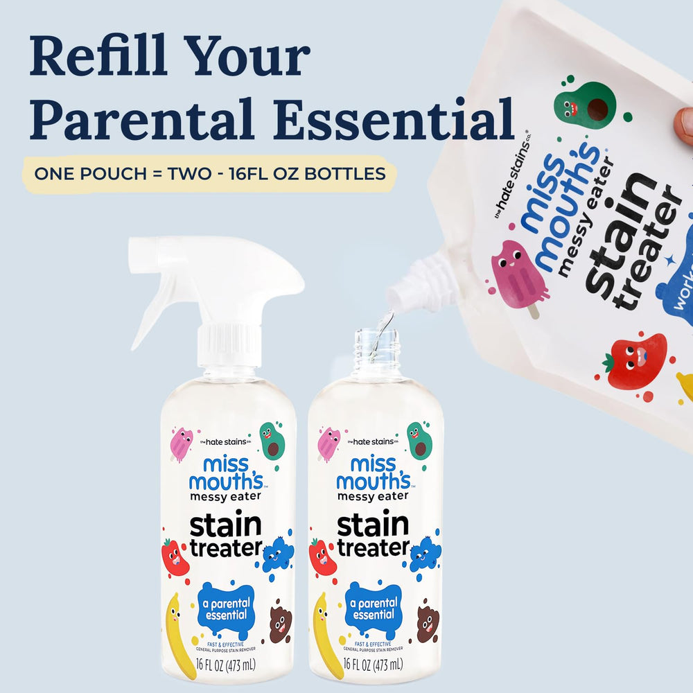 Miss Mouth's Messy Eater Stain Treater removes fruit juice stains from clothing.
