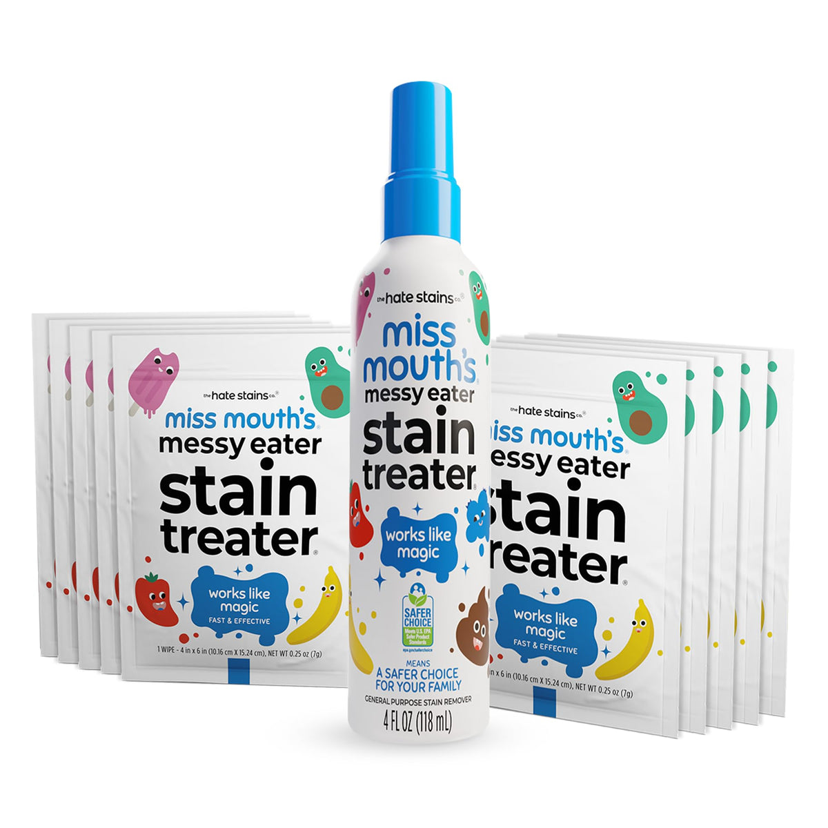 Miss Mouth's Messy Eater stain treater spray bottle in action on fabric