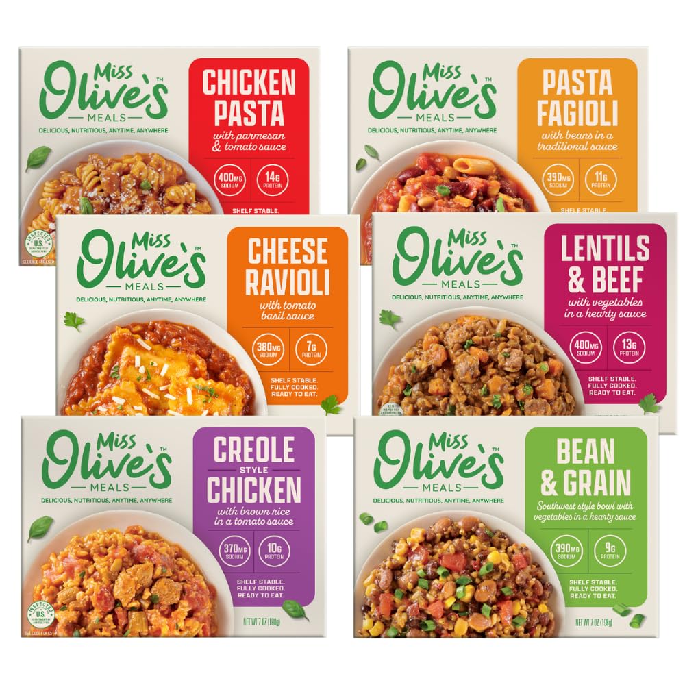 Miss Olive's Ready Meals variety pack cover showing pantry-friendly, convenient meals for busy days.