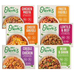 Miss Olive's Ready Meals variety pack cover showing pantry-friendly, convenient meals for busy days.