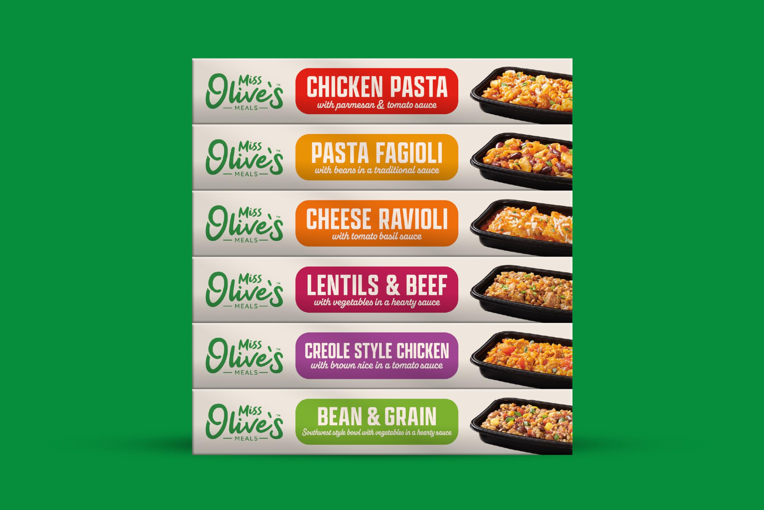 Miss Olive's Ready Meals six-flavor lineup for quick office lunches and cozy weeknights.