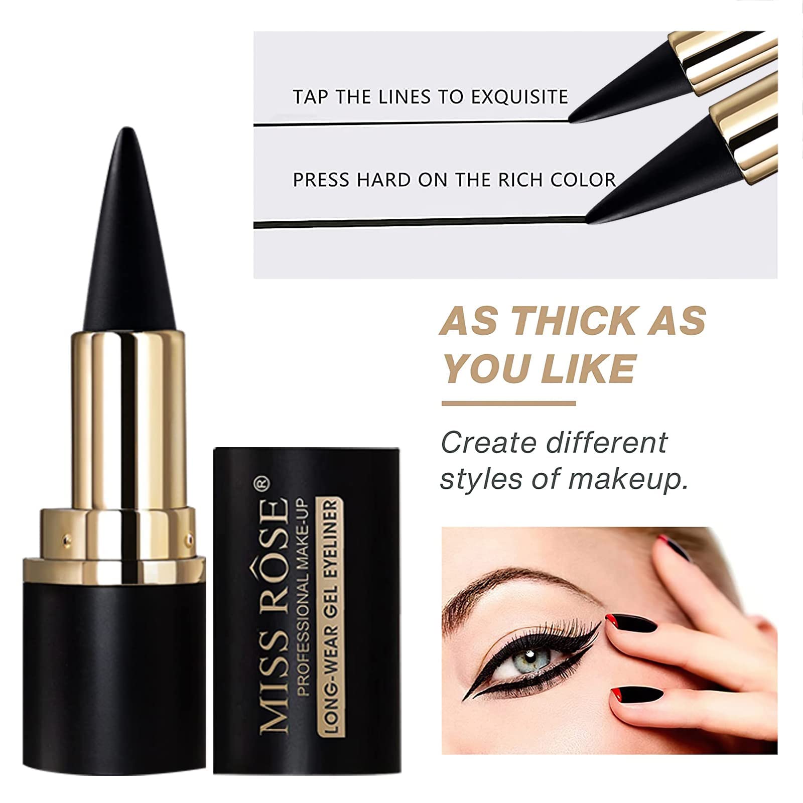 MISS ROSE M gel eyeliner rotating design allows easy control of line thickness.