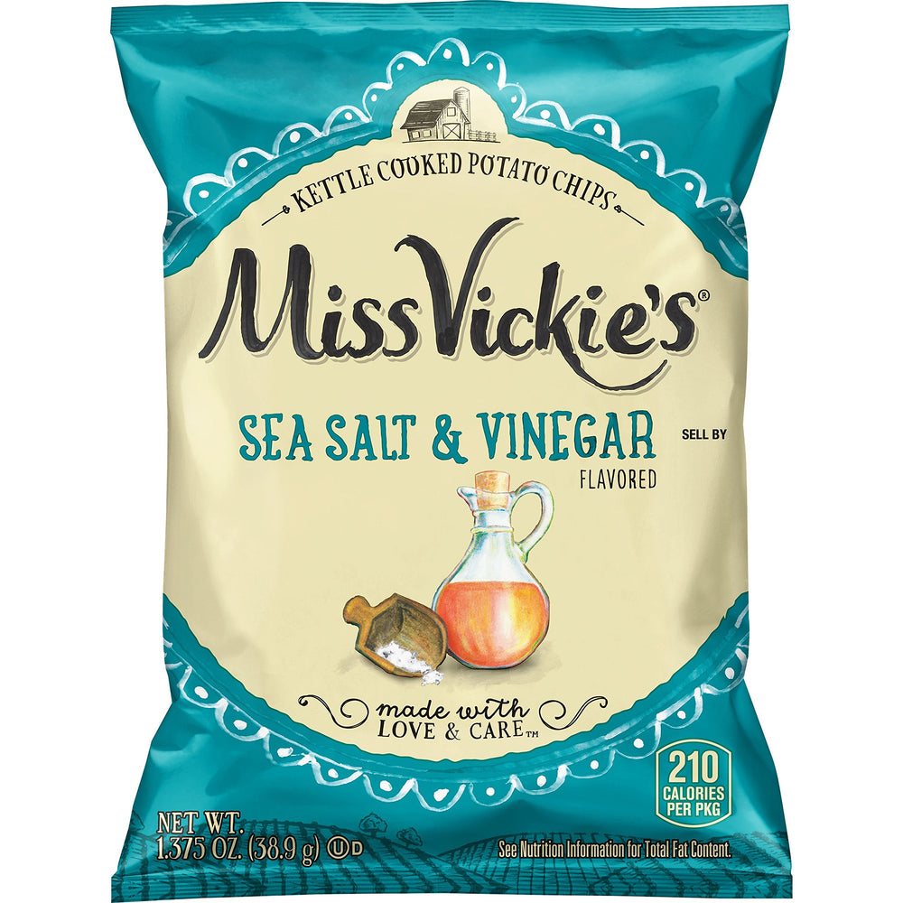 Miss Vickie's Sea Salt & Vinegar kettle chips in a 64-pack, ideal for on-the-go snacking.