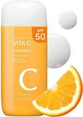 MISSHA All Around Vita C Sunscreen bottle front view showing lightweight, non-sticky protection for daily wear.