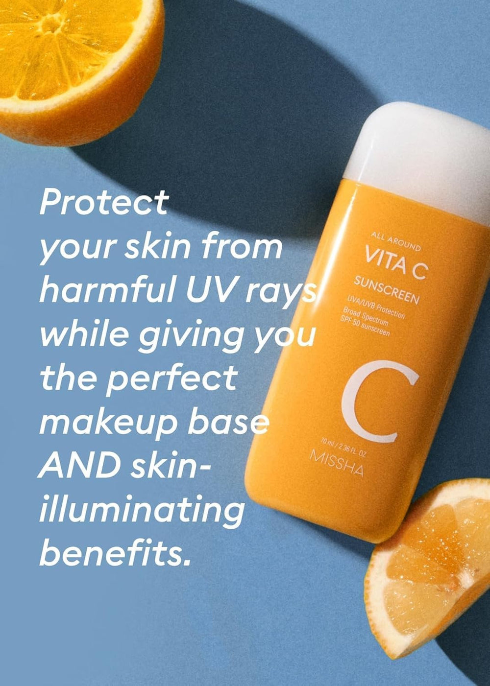 MISSHA All Around Vita C Sunscreen side packaging highlighting easy application and layering.