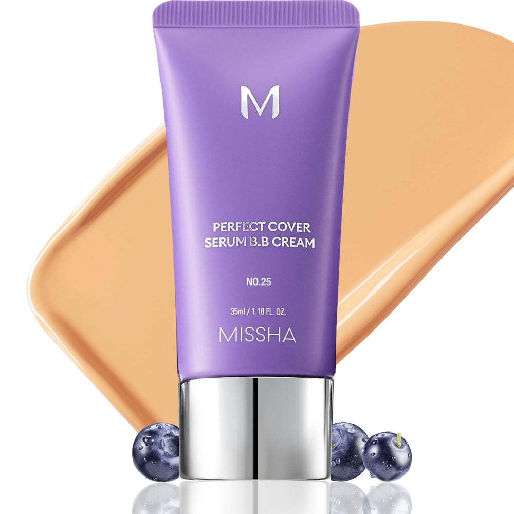 MISSHA M Perfect Cover Serum BB Cream bottle close-up shows radiant, buildable coverage.