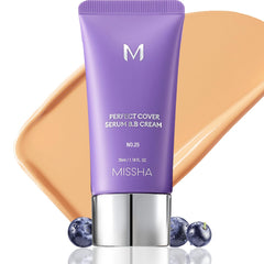 MISSHA M Perfect Cover Serum BB Cream bottle close-up shows radiant, buildable coverage.
