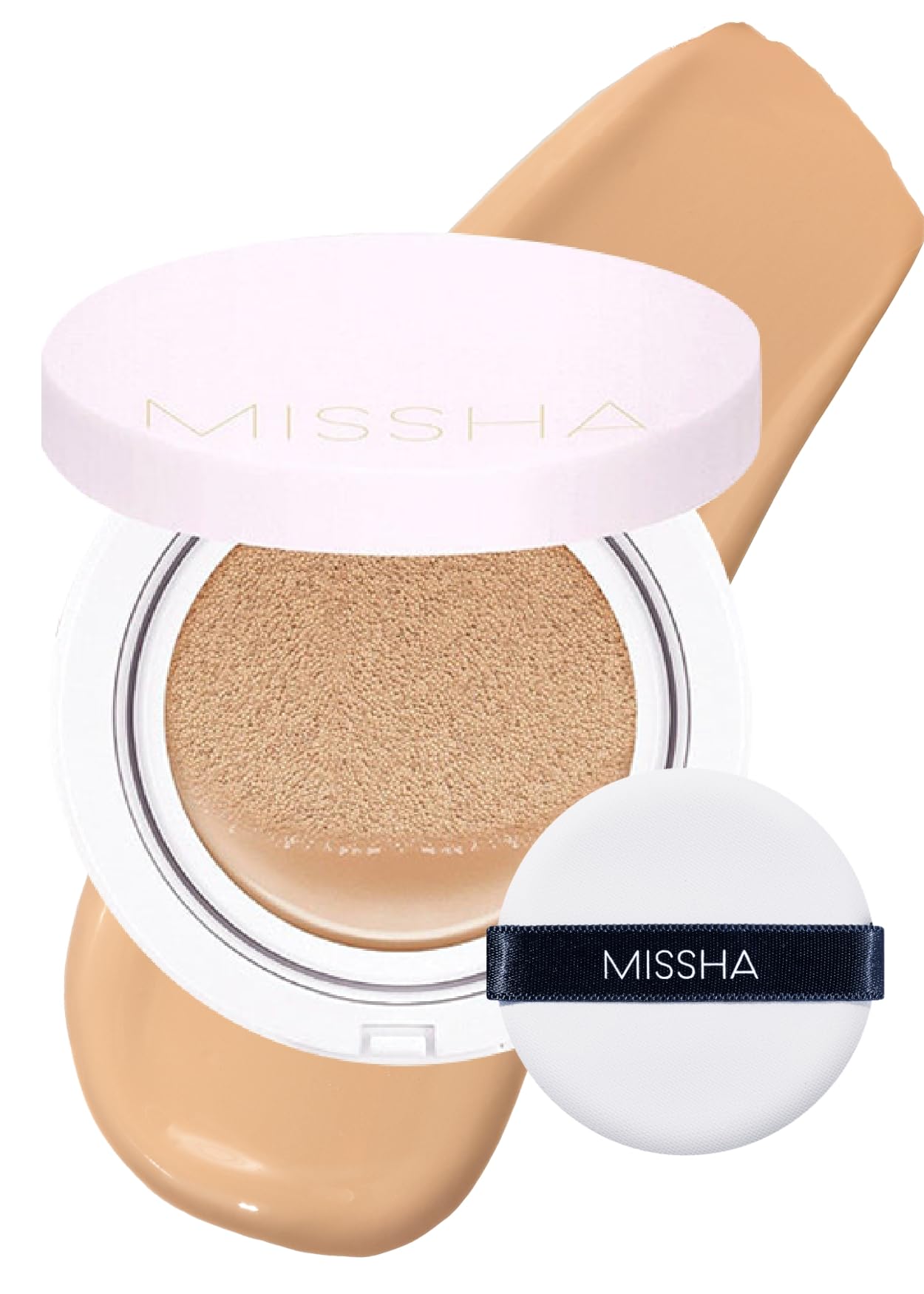MISSHA Magic Cushion bottle close-up shows dewy finish and sleek packaging.