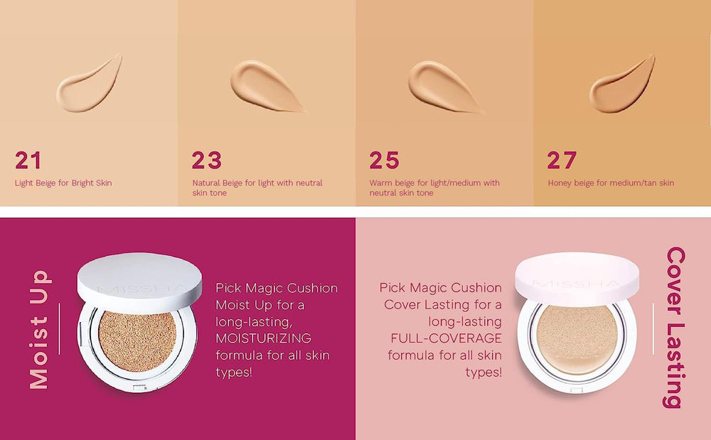 MISSHA Magic Cushion packaging and shade No.25 warm beige for light/medium tones.