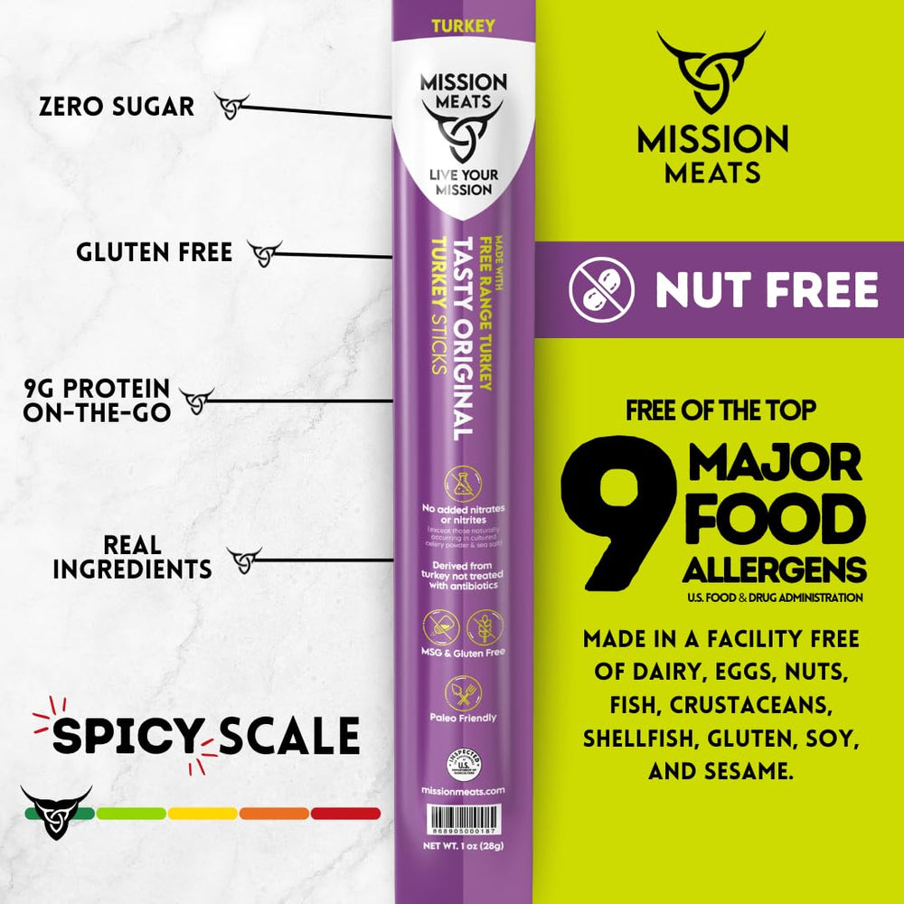Mission Meats free-range turkey sticks close-up highlighting clean ingredients and natural smoking.