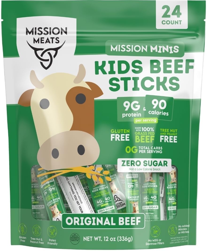 Mission Meats Kids Beef Sticks 24-pack in pantry, quick protein on the go.