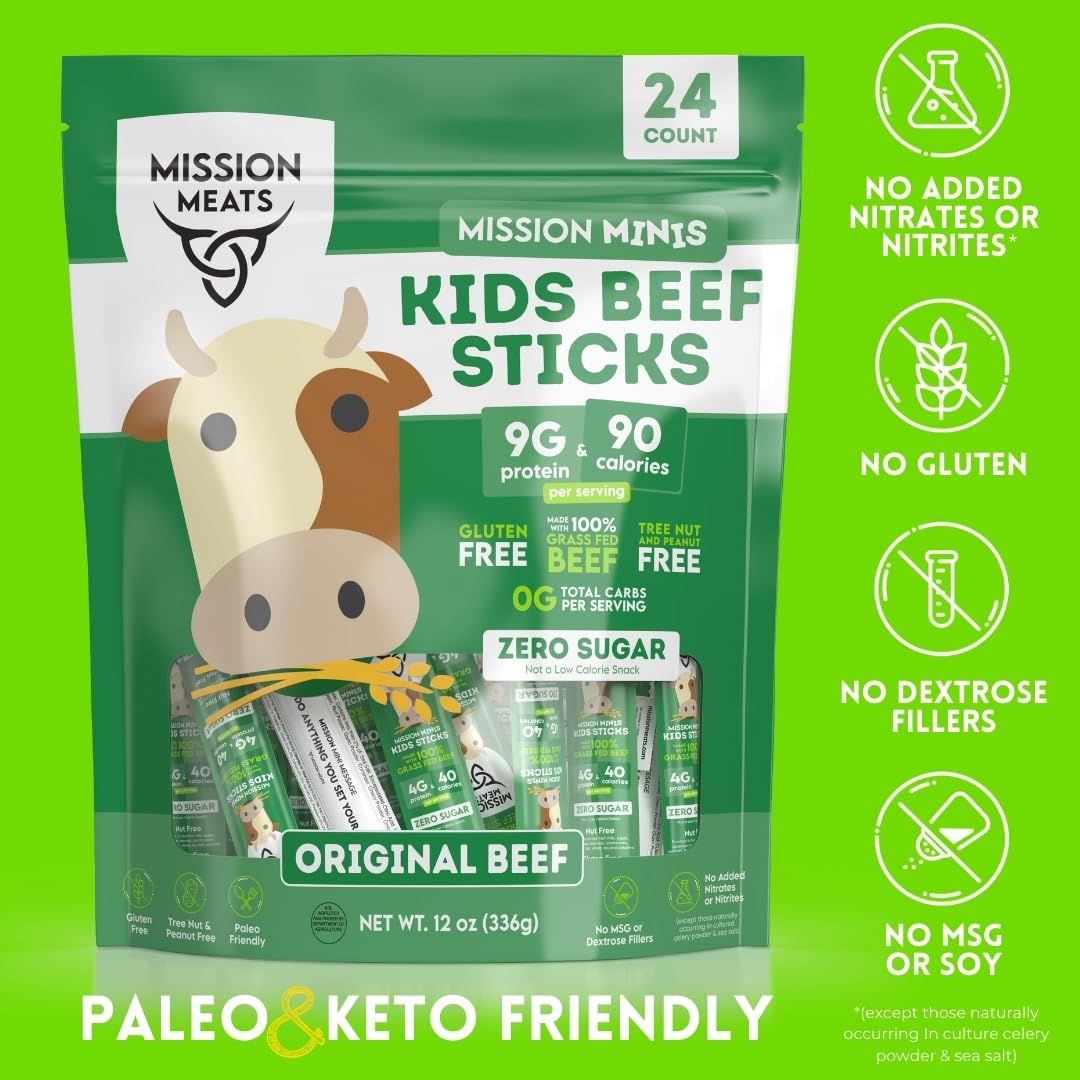 Mission Meats Kids Beef Sticks gluten-free and nut-free label for safe snacking.