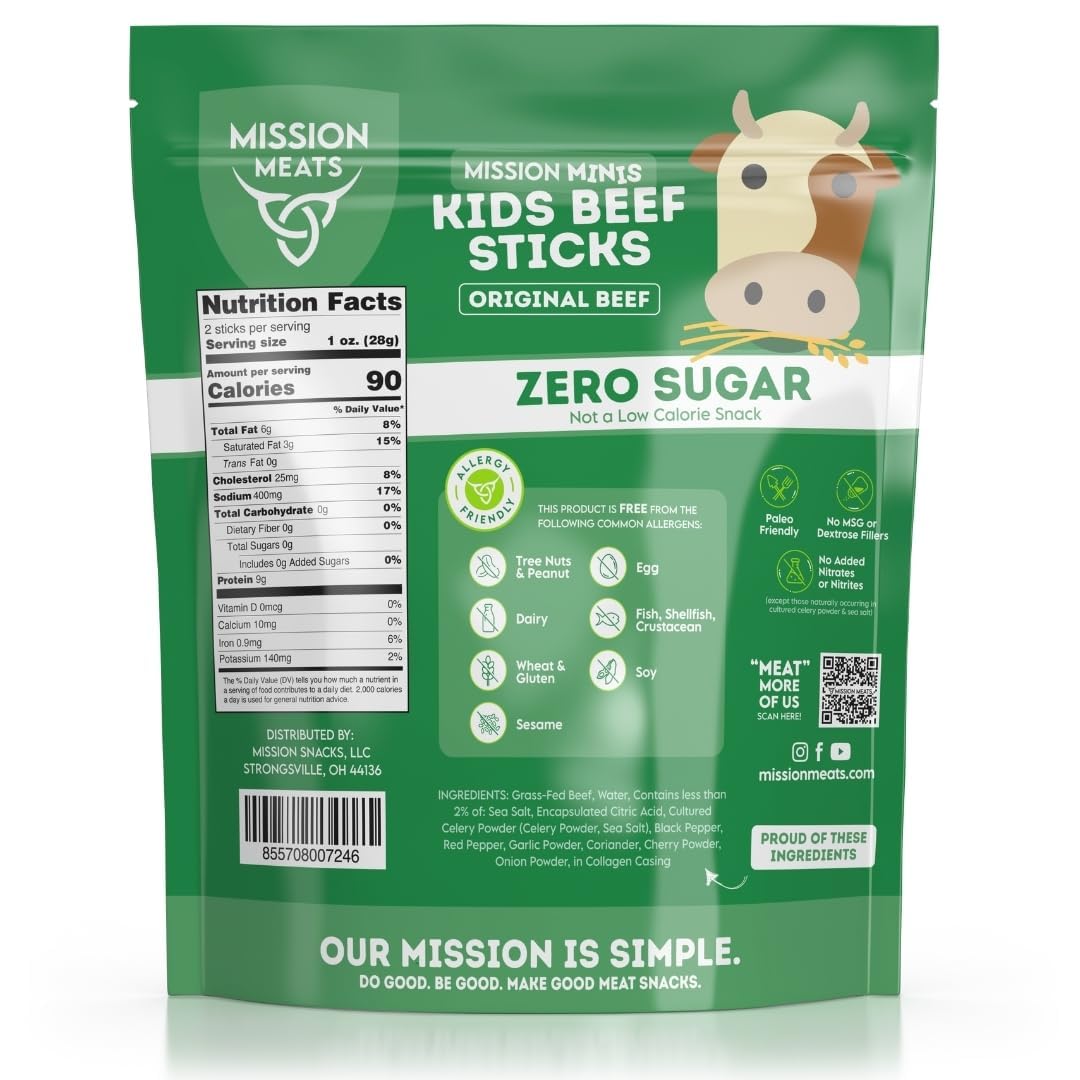 Mission Meats Kids Beef Sticks ingredients close-up, showing clean grass-fed beef.